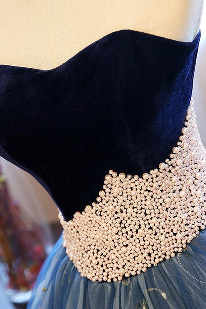 Royal Blue Sweetheart Ball Gown Evening Dress with Pearl Appliques and Sleeveless Design