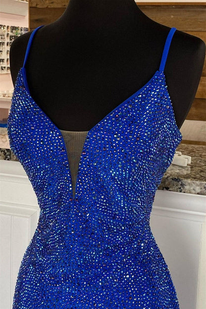 Royal Blue V Neck Mermaid Evening Dress with Appliques Splitting