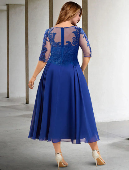 A-Line Plus Size Curve Mother of the Bride Dresses Elegant Dress Formal Tea Length Half Sleeve Jewel Neck Chiffon with Pleats Sequin Appliques