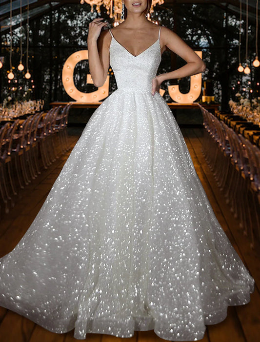 Aimishang Hall Sparkle & Shine Casual Wedding Dresses A-Line Camisole V Neck Spaghetti Strap Sweep / Brush Train Sequined Bridal Gowns With Solid Color