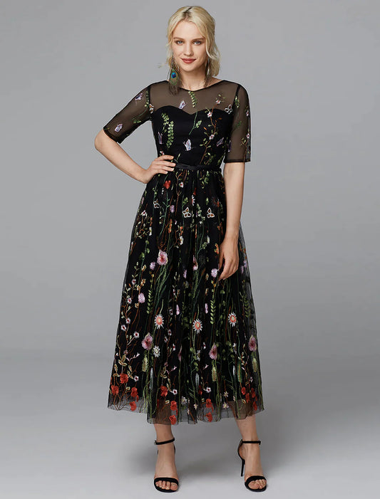 A-Line White Dress Holiday Half Sleeve Lace with Embroidery Appliques