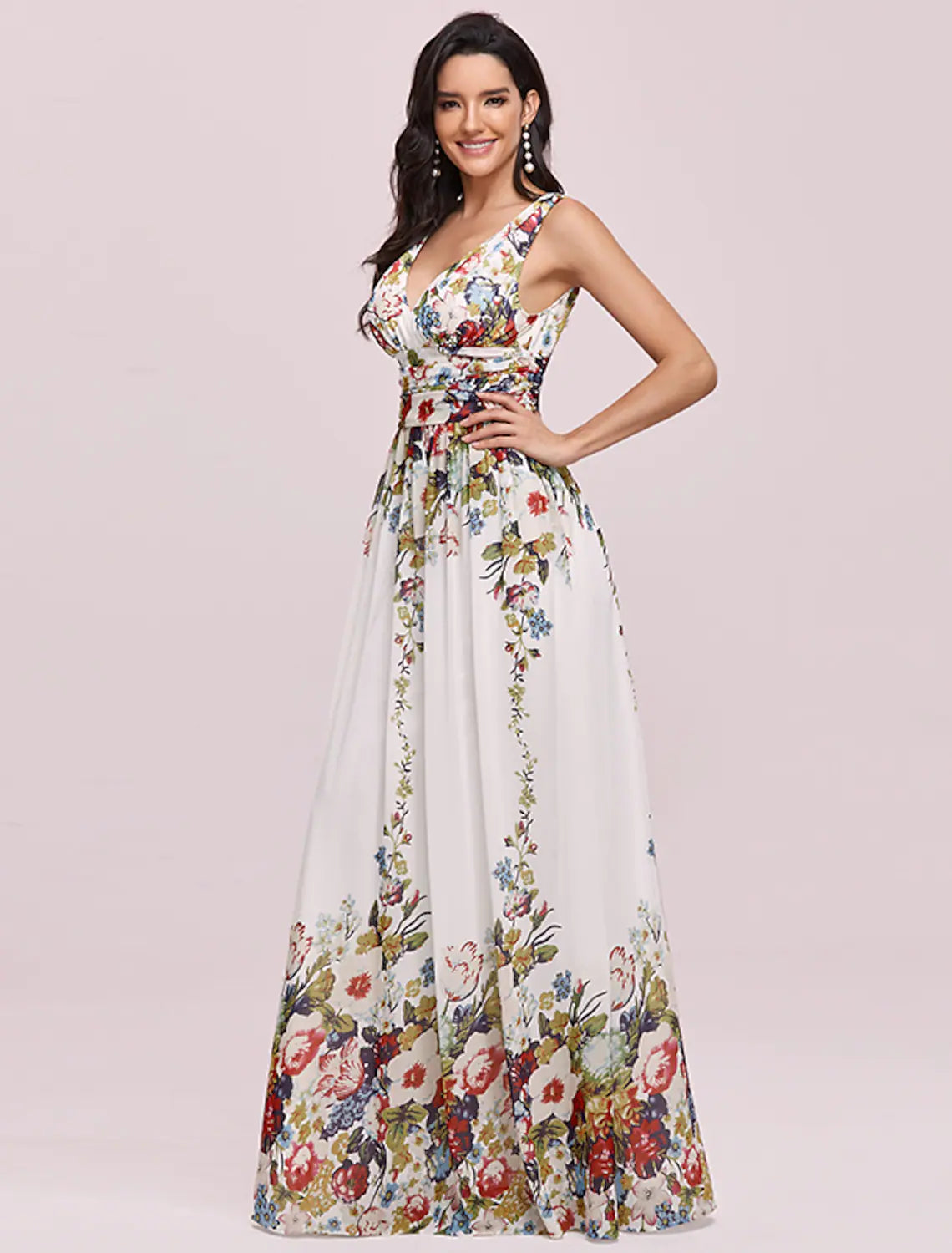 A-Line Plus Size Wedding Formal Evening Dress V Neck V Back Sleeveless Floor Length Chiffon with Pleats
