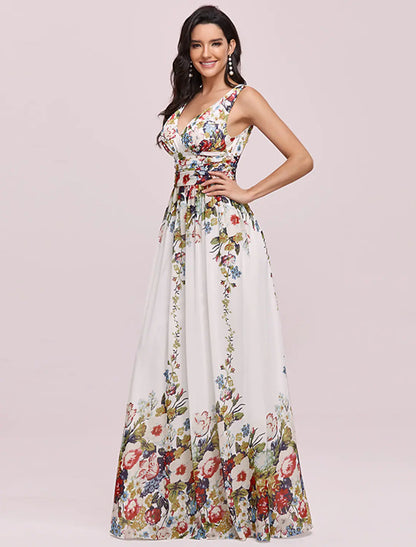A-Line Plus Size Wedding Formal Evening Dress V Neck V Back Sleeveless Floor Length Chiffon with Pleats