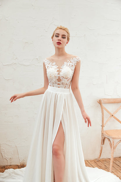 Ruffled Split Chiffon Lace Scoop Wedding Dress Appliques
