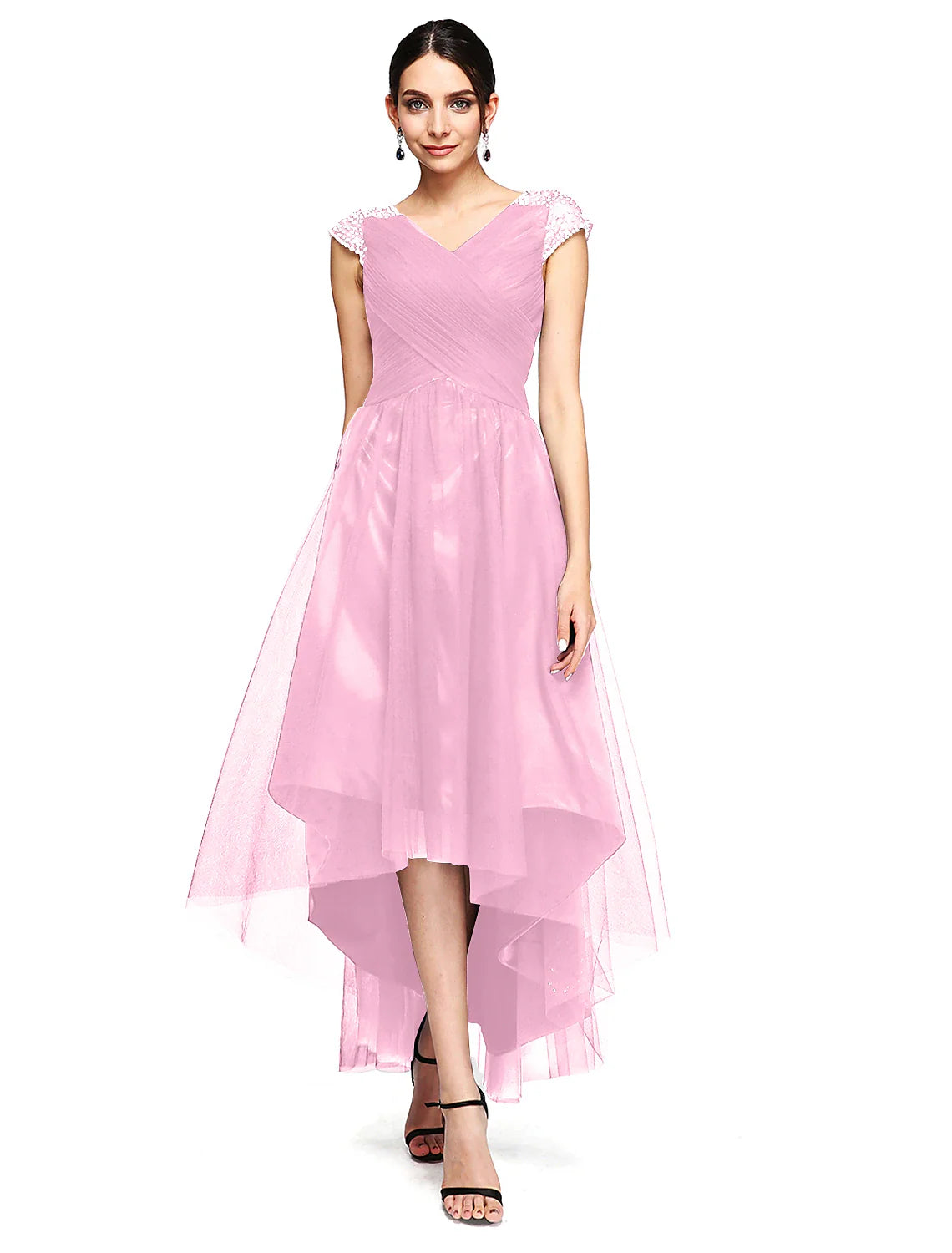 A-Line Special Occasion Dresses Open Back Dress Wedding Guest Asymmetrical Short Sleeve V Neck Tulle with Criss Cross Beading