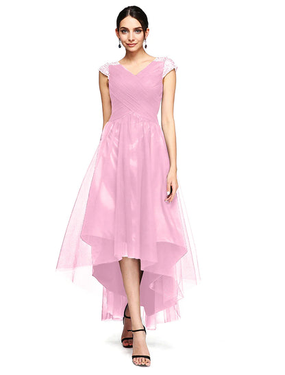 A-Line Special Occasion Dresses Open Back Dress Wedding Guest Asymmetrical Short Sleeve V Neck Tulle with Criss Cross Beading