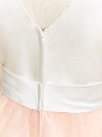 Satin Tulle Ball Gown Flower Girl Dress with V Neck and Sash Ribbon Crystals
