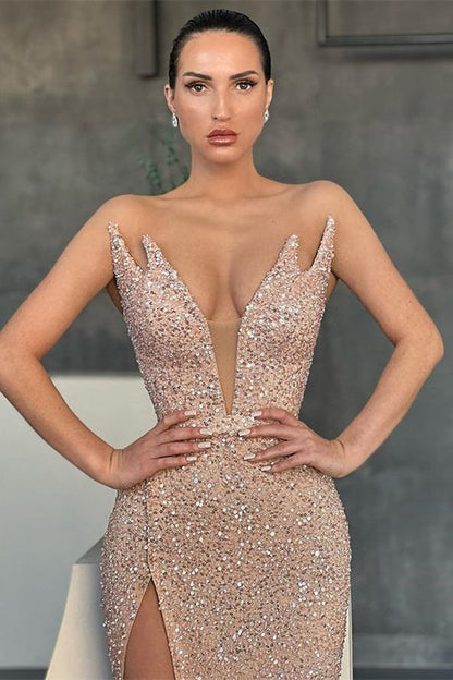 Sequins Mermaid Evening Dress with Sleeveless V-Neck and Split