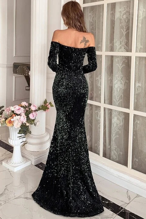 Sexy Off the Shoulder Sequin Evening Party Dress Long Sleeves