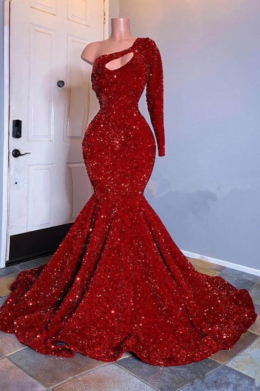 Sexy Red Sequins Mermaid One-Shoulder Long Sleeve Prom Dress