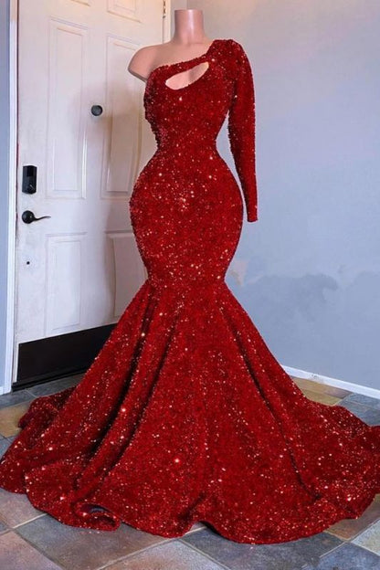 Sexy Red Sequins Mermaid One-Shoulder Long Sleeve Prom Dress