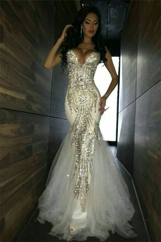 Sexy Sweetheart Mermaid Crystal Tulle Floor-Length Prom Dress