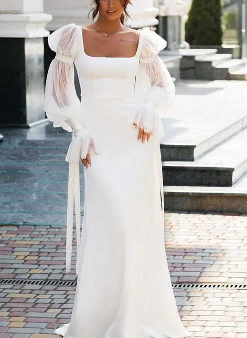 Mermaid Square Neckline Long Sleeves Satin Wedding Dresses White Elegant