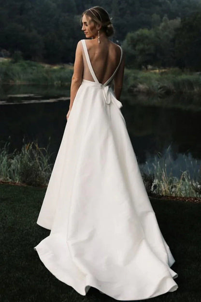 Elegant Satin Wedding Dress V Neck Backless A Line Bridal Dress Simple Solid Color Sexy