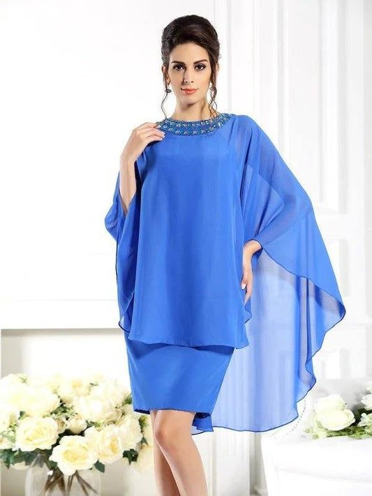 Sheath/Column Bateau 3/4 Sleeves Short Chiffon Mother of the Bride Dresses - RongMoon