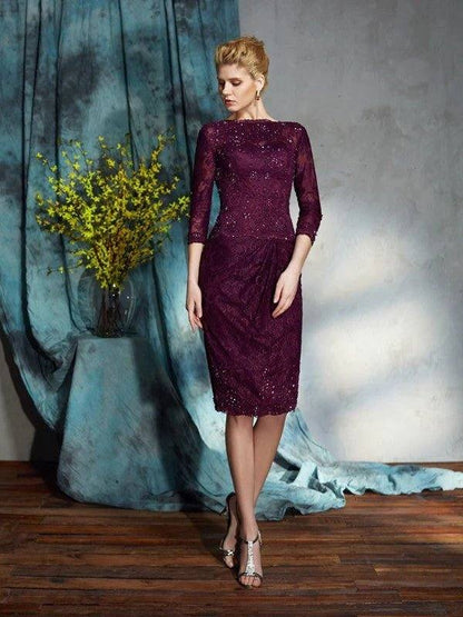 Sheath/Column Bateau Lace 3/4 Sleeves Short Lace Mother of the Bride Dresses - RongMoon