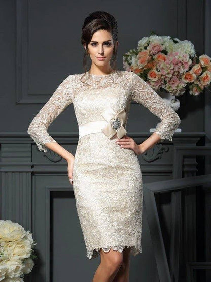Sheath/Column Scoop Bowknot 3/4 Sleeves Short Lace Mother of the Bride Dresses - RongMoon