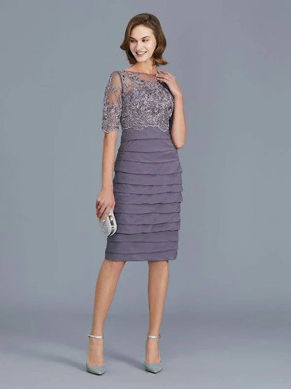 Sheath/Column Scoop Ruffles Chiffon 1/2 Sleeves Knee-Length Mother of the Bride Dresses - RongMoon
