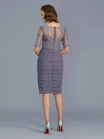 Sheath/Column Scoop Ruffles Chiffon 1/2 Sleeves Knee-Length Mother of the Bride Dresses - RongMoon