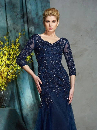 Sheath/Column V-neck Applique 3/4 Sleeves Long Net Mother of the Bride Dresses - RongMoon