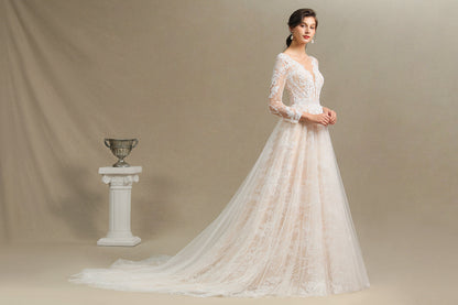 Sheer Tulle A-Line Wedding Dress With Lace Illusion Sleeves