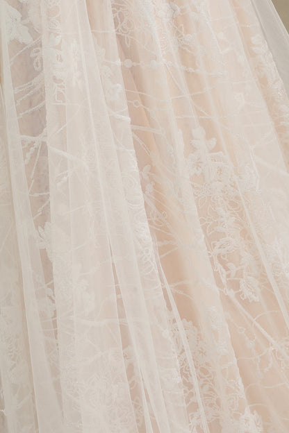 Sheer Tulle A-Line Wedding Dress With Lace Illusion Sleeves