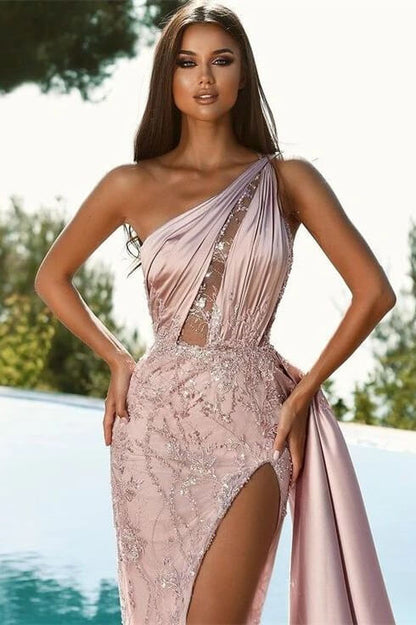 Shining Long One Shoulder Mermaid Satin Backless Prom Dress with Split
