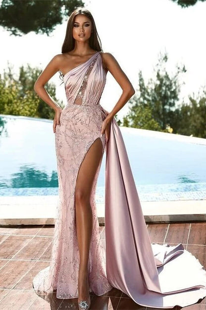 Shining Long One Shoulder Mermaid Satin Backless Prom Dress with Split
