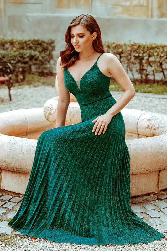Shinning Dark Green V-Neck Long Evening Dresses