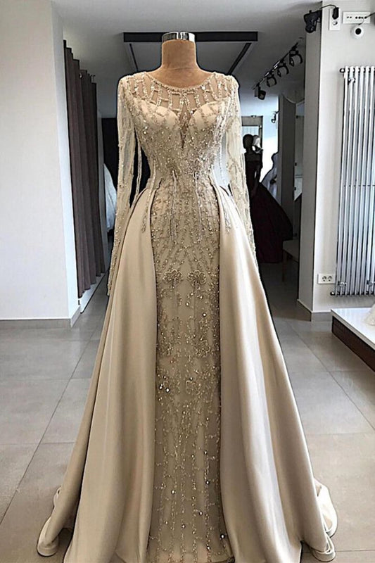 Shiny Off-White Beaded Long Sleeve Round Neck Prom Dress with Overskirt