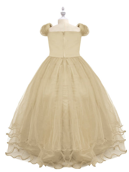 Short Sleeve Boat Neck Chiffon Tulle Flower Girl Dress with Beading Appliques & Paillette
