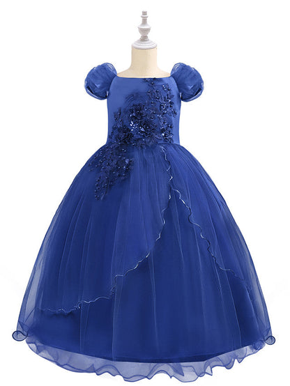 Short Sleeve Boat Neck Chiffon Tulle Flower Girl Dress with Beading Appliques & Paillette