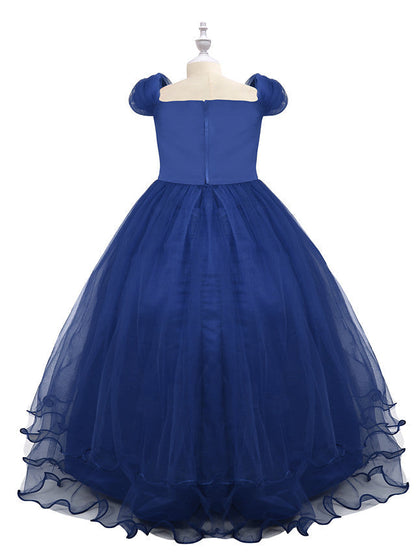 Short Sleeve Boat Neck Chiffon Tulle Flower Girl Dress with Beading Appliques & Paillette