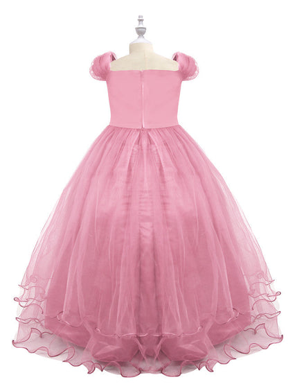 Short Sleeve Boat Neck Chiffon Tulle Flower Girl Dress with Beading Appliques & Paillette
