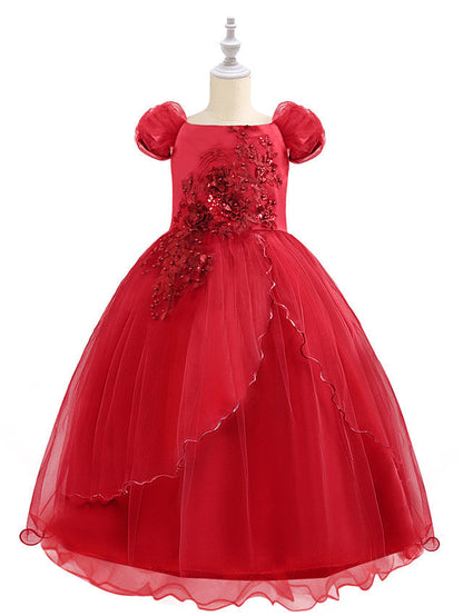 Short Sleeve Boat Neck Chiffon Tulle Flower Girl Dress with Beading Appliques & Paillette