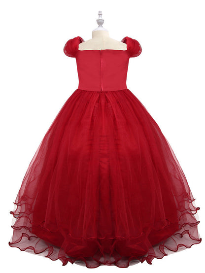 Short Sleeve Boat Neck Chiffon Tulle Flower Girl Dress with Beading Appliques & Paillette