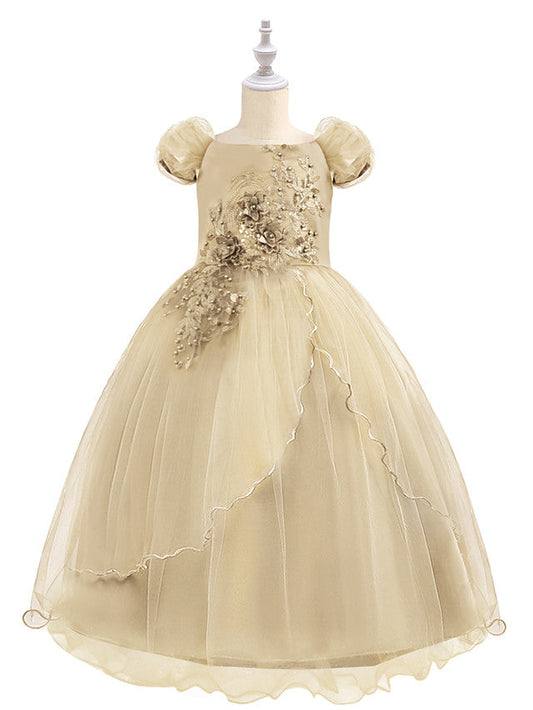 Short Sleeve Boat Neck Chiffon Tulle Flower Girl Dress with Beading Appliques & Paillette