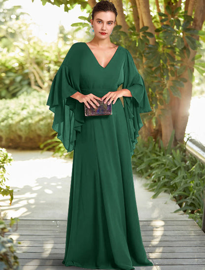 Aimishang  A-Line Mother of the Bride Dress Formal Wedding Guest Elegant V Neck Floor Length Chiffon 3/4 Length Sleeve with Ruched