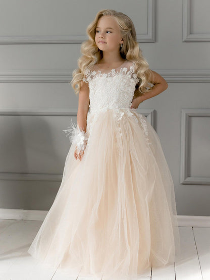 Simple A-Line Tulle Appliques Lace Flower Girl Dress