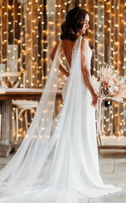 Simple Casual Trumpet V-neck Sleeveless Wedding Dress for Women Floor-length with V Back Long Train Elegant