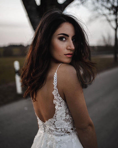 Simple Long A-line V-neck Tulle Wedding Dress With Appliques