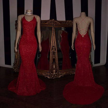 Simple Red Sequins Spaghetti Strap Open Back Prom Dress