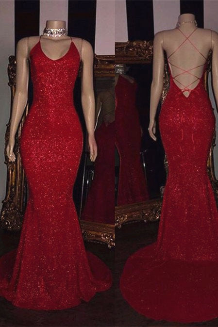 Simple Red Sequins Spaghetti Strap Open Back Prom Dress