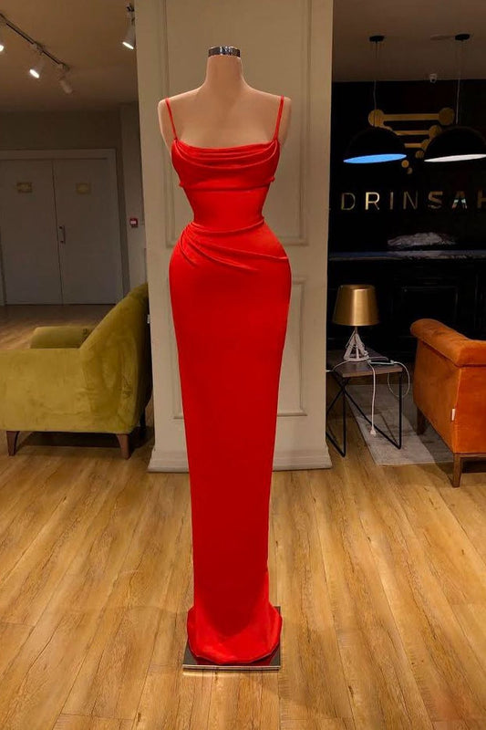 Simple Red Spaghetti Strap Sheath Floor-Length Prom Dress