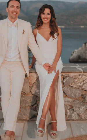 Simple Mermaid Satin Wedding Dress With Split Front And Deep-V Back White