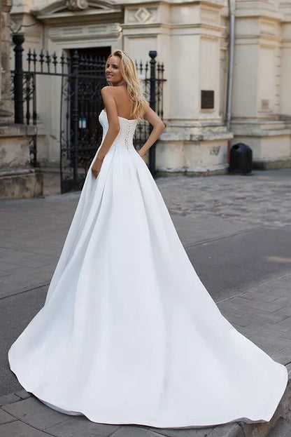 Simple Strapless White A Line Zipper Up A Line Princess Wedding Dress Off Shoulder