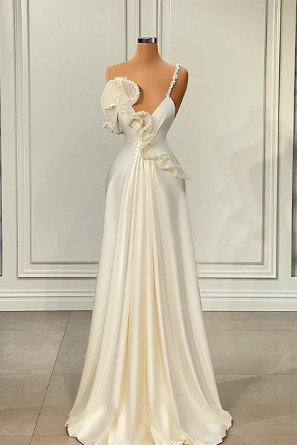 Simple White Soft Satin One-Shoulder Ruffles Prom Dress