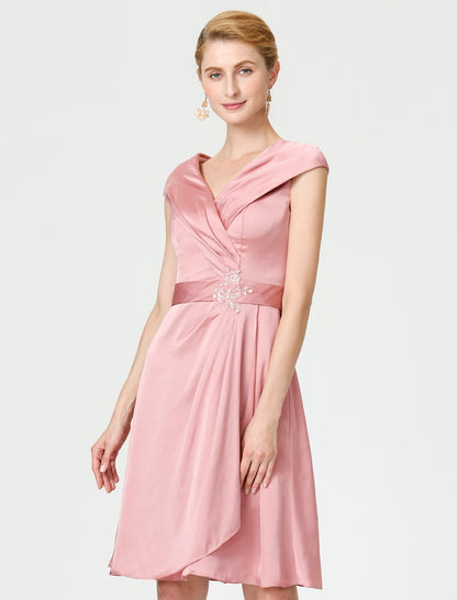 Aimishang A-Line Mother of the Bride Dress Elegant V Neck Knee Length Satin Chiffon Short Sleeve No with Sash / Ribbon Pleats Beading