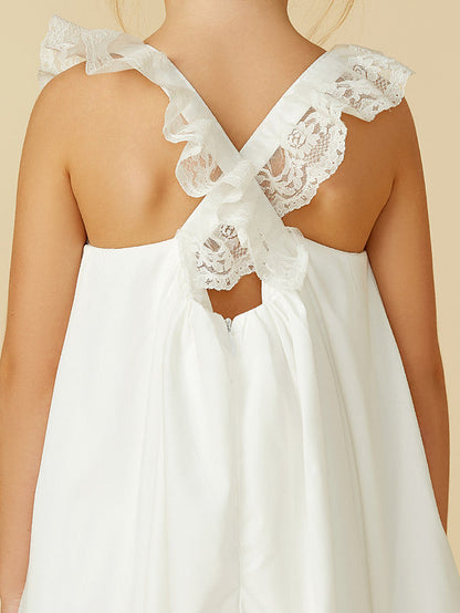 Sleeveless A-Line Flower Girl Dress with Lace and Pleats