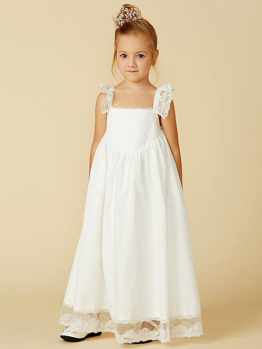 Sleeveless A-Line Flower Girl Dress with Lace and Pleats